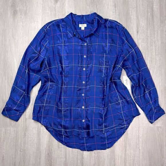 Women's Plus Size Royal Blue Metallic Plaid Button Down Shirt 2X - Picture 1 of 6
